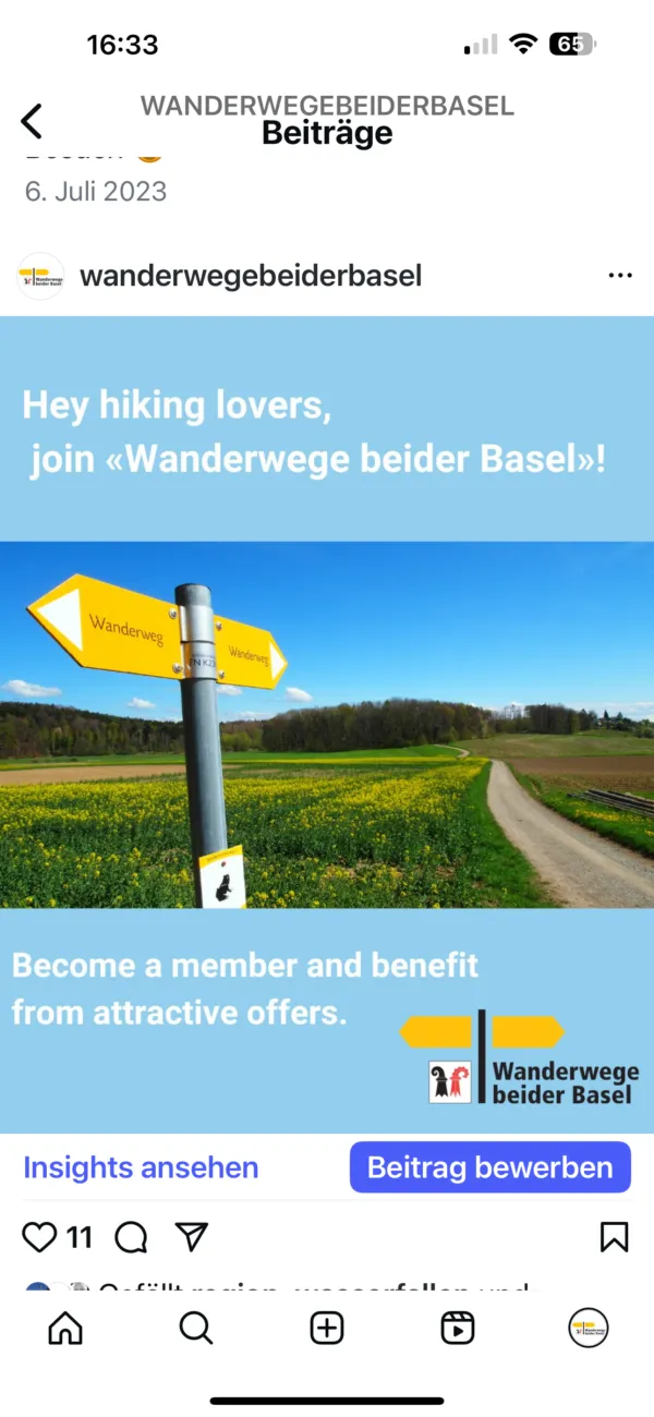 Instagram-Kampagne für Expats: Wanderweg-Signalisation mit Aufruf zur Mitgliedschaft bei Wanderwege beider Basel