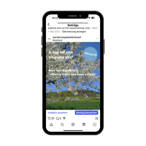 Frühlingspost zur Familienwanderung auf dem Cherry Trail im Baselbiet – Social Media Kampagne Wanderwege beider Basel